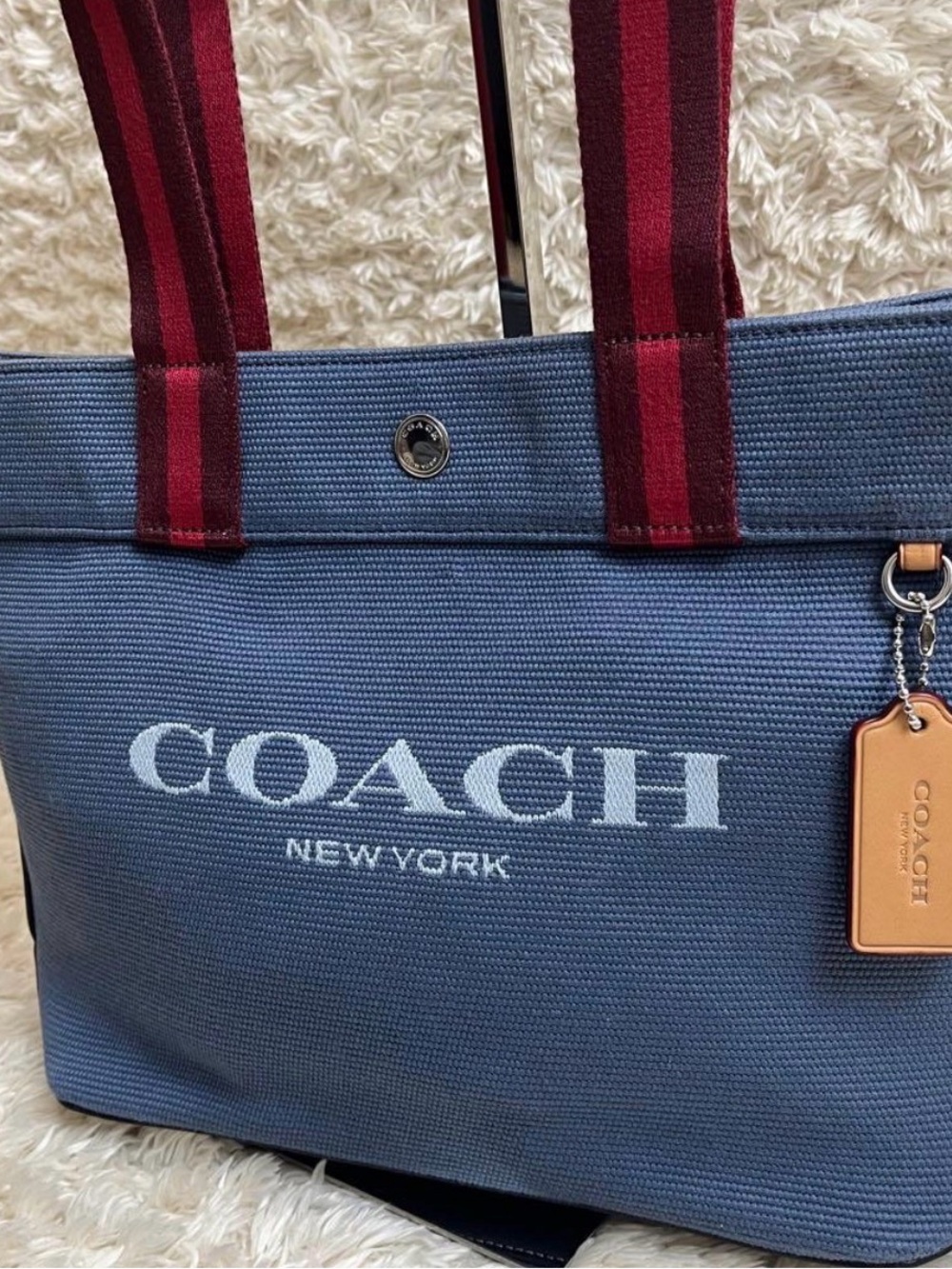 Coach Navy Canvas Tote with Red Striped Handles - Picture 3 of 5